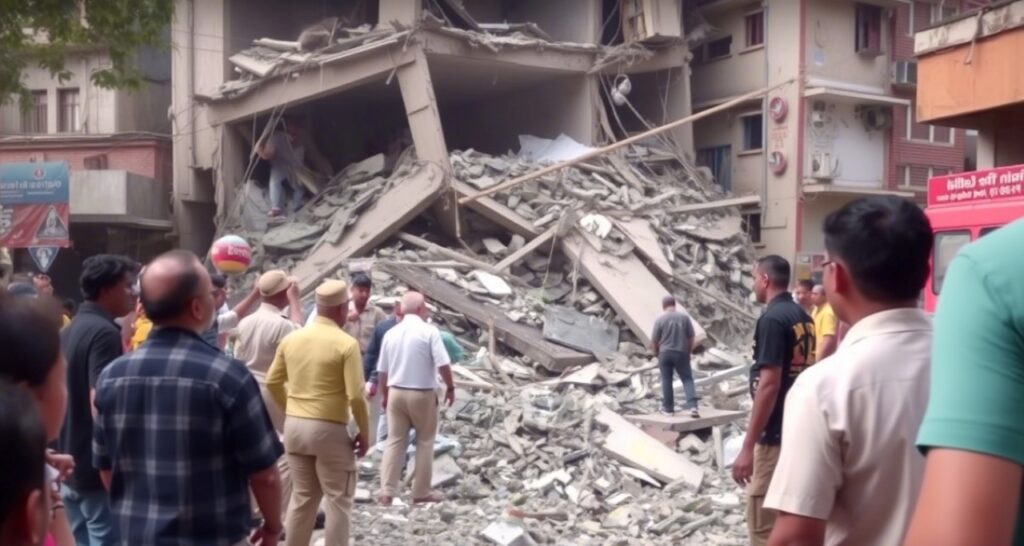 people are looking at destroyed house